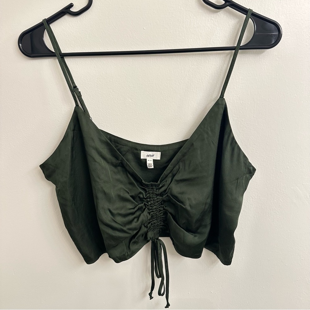 Aerie Green Ruched Bandeau Crop Satin Women's Top Sz M